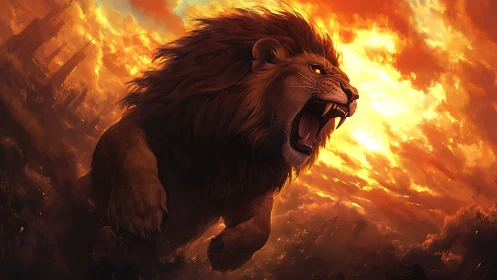 Roaring lion strides through fiery sky above ruined city