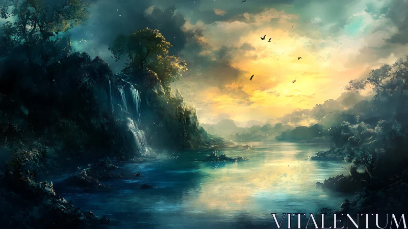 Luminescent river valley with waterfalls at atmospheric dawn