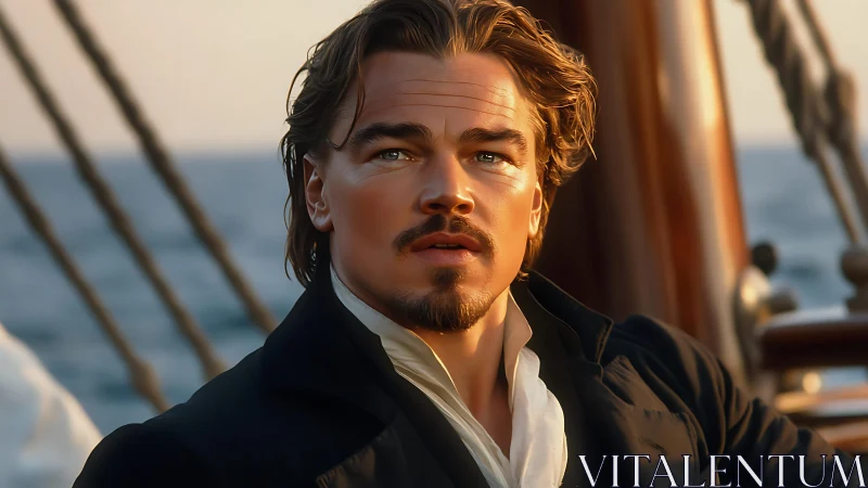 Sunlit sailor gazes seaward, wrapped in cinematic stillness