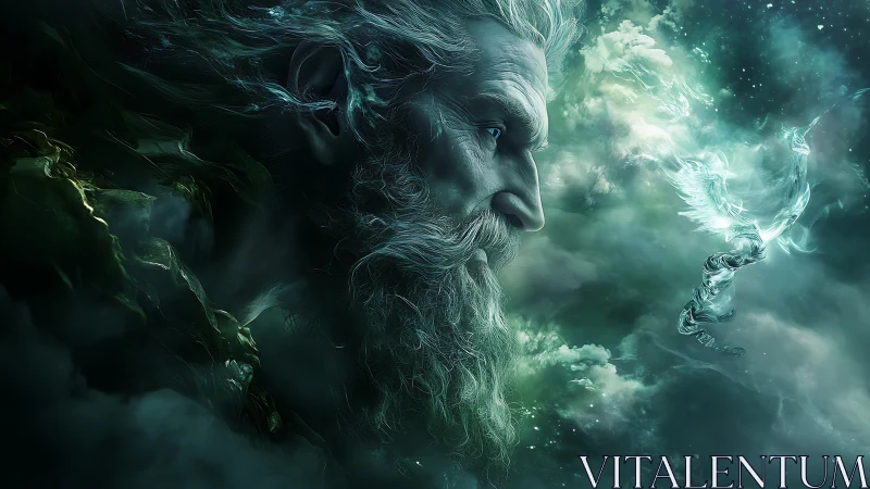 Ancient cosmic deity gazes toward luminous spirit in clouds