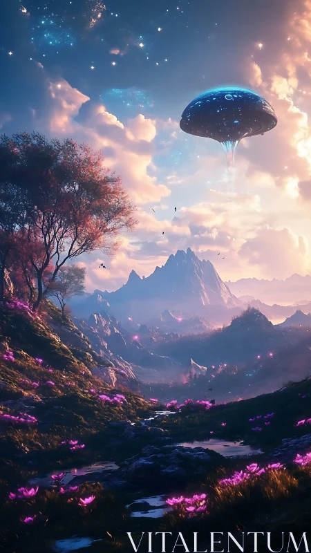 UFO hovers above luminous alien valley at sunset