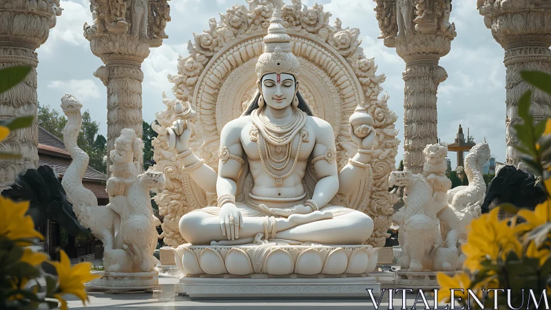 Serene white Shiva statue sits amid ornate temple pillars.