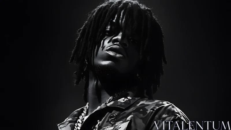 Monochrome hip-hop portrait with dramatic low-key lighting.