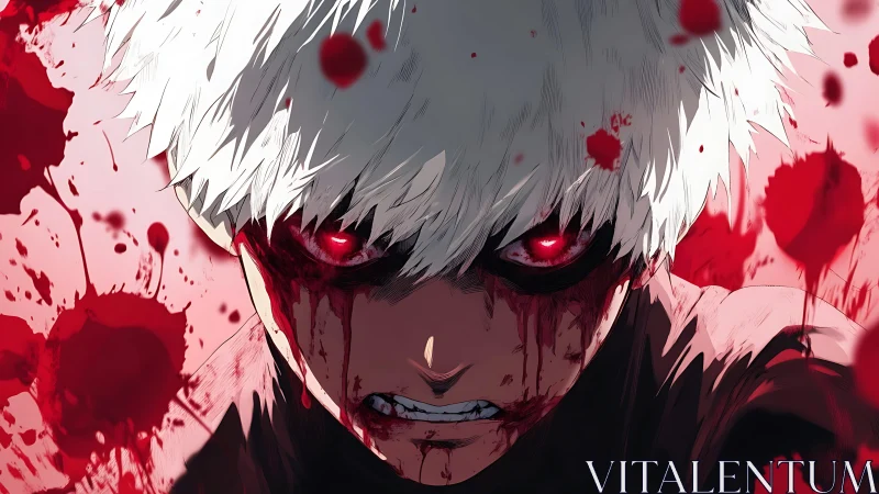 White‑haired antihero blazing with crimson fury and resolve.