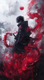 Digital painting of lone swordsman amid crimson energy vortex.