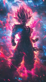 Fiery anime warrior silhouette in cosmic energy field.