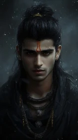 Brooding mystic prince with sacred tilak in stormlight portrait.