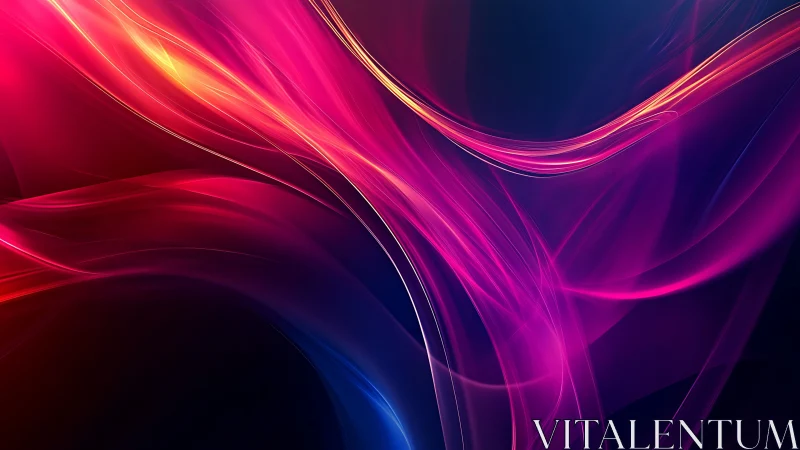 Curved neon light trails on dark gradient digital background.