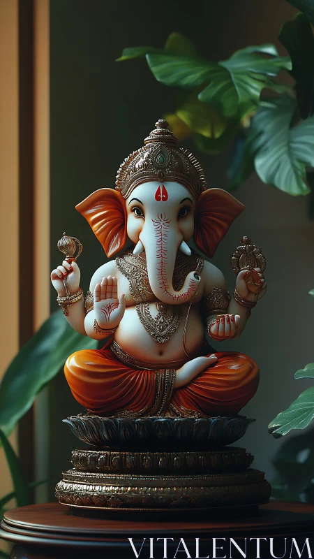 Ganesh statue sits on ornate pedestal in soft indoor light