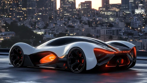 Futuristic concept hypercar with neon lighting at dusk.
