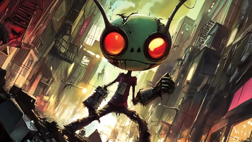 Alien insect robot strides through neon ruined city street.