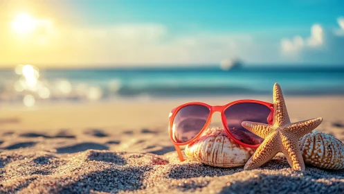 Red sunglasses rest on shells and starfish on sandy beach
