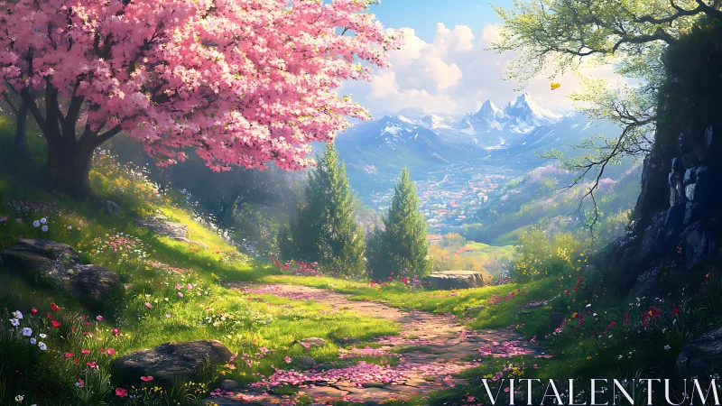 Mountain valley path with blossom trees and distant town.