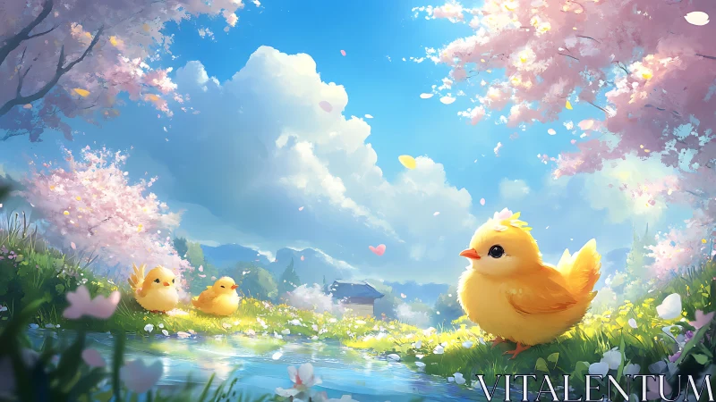 Springtime chicks explore a dreamy cherry blossom meadow.