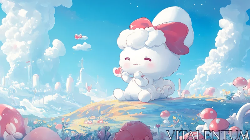 Fluffy cloud creature smiles in a dreamy mushroom meadow.