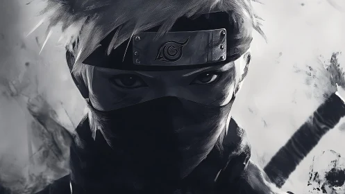Shadow-eyed ninja gaze in stormy monochrome silence.