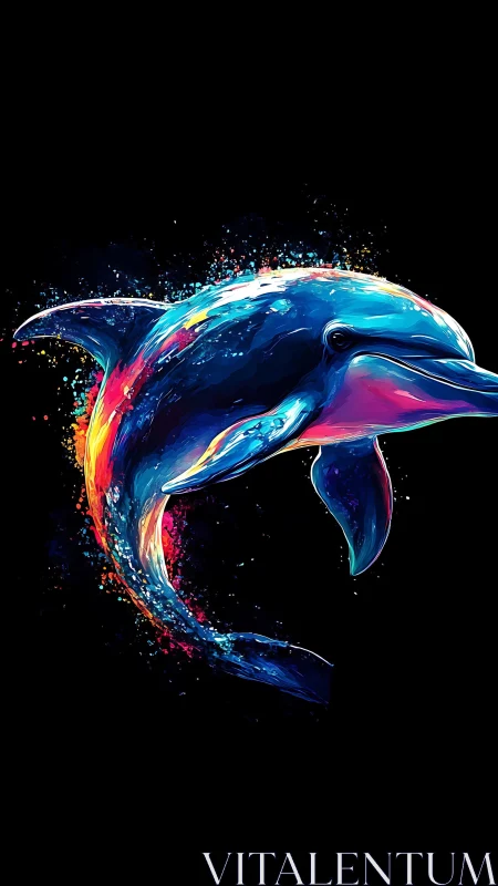 Color-splashed dolphin leaping through a dreamy night sea.