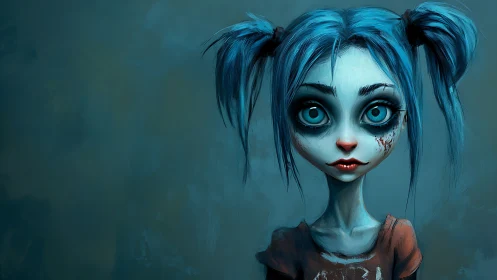 Wide-eyed blue-haired waif quietly haunts the teal dusk