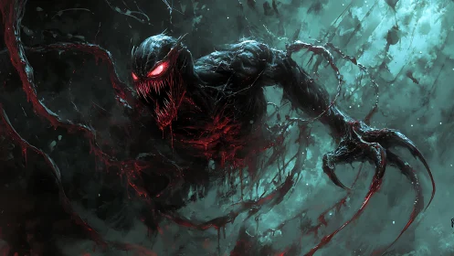 Demonic symbiote creature lunges through toxic teal void.