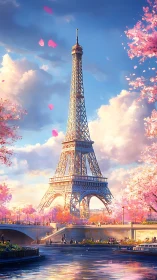 Eiffel Tower over river framed by pink spring blossoms.