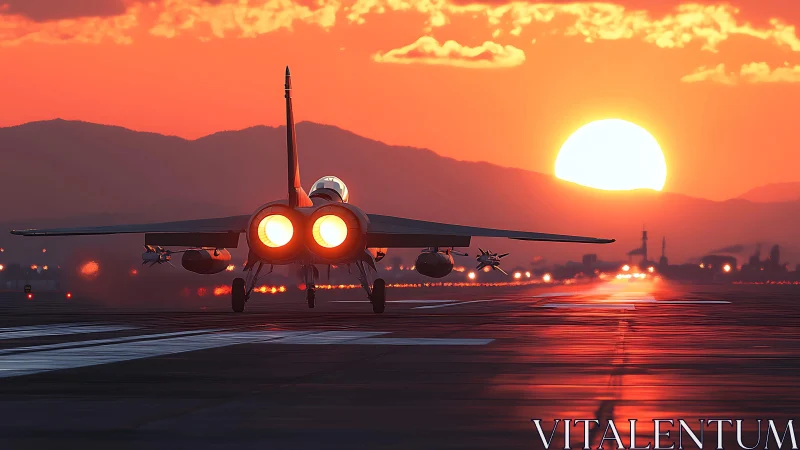 Afterburning jet departs runway against high-saturation sunset sky