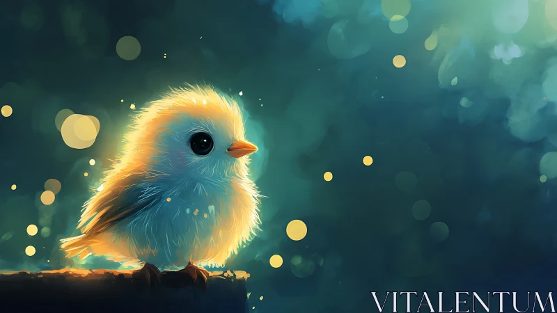 Glowlit baby bird perches in dreamy teal night haze.