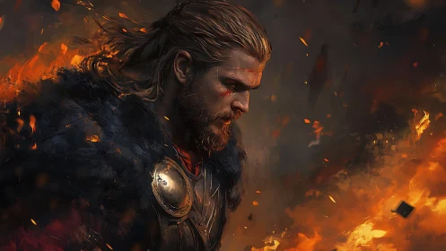 Digital painting of a Viking warrior in cinematic firelit profile.