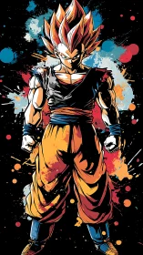 Stylized muscular warrior with spiked hair on splatter field.