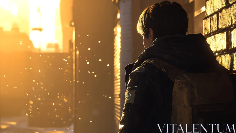 Backlit youth in alleyway with dust lit by sunset glow.