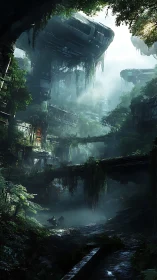 Overgrown futuristic ruins with river and dense foliage.