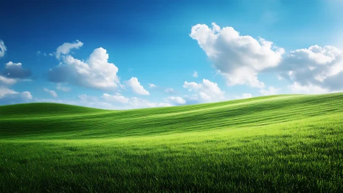 Green rolling meadow under bright blue sky with clouds.