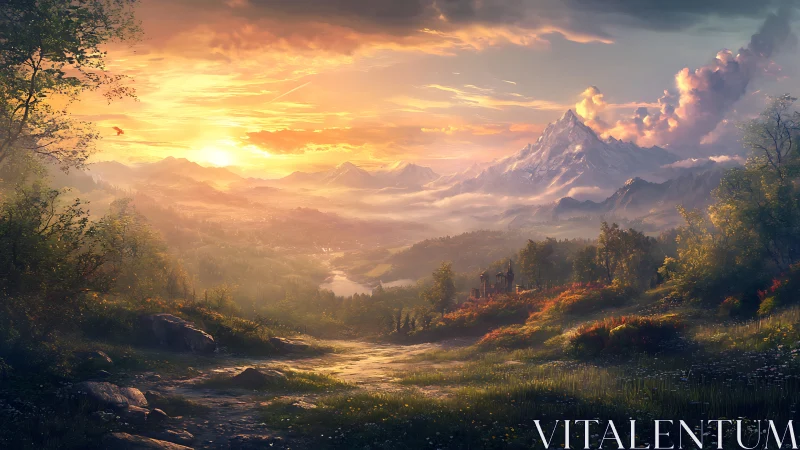 Mountain valley landscape under warm sunset sky panorama.