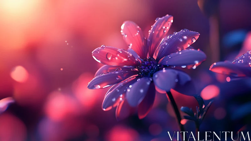 Neon Flower with Dewdrops in Vibrant Light.