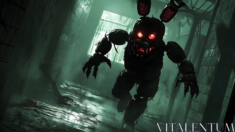 Mechanical rabbit figure advances through dim corridor scene