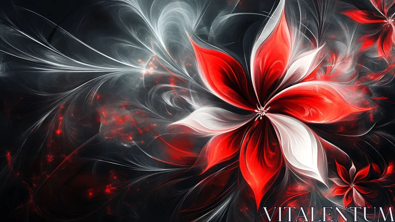 Fractal red white blossom radiates over dark swirling field.