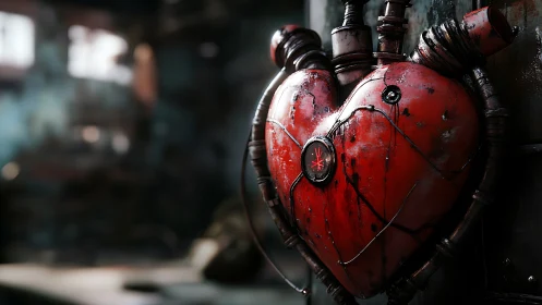 Rust‑scarred cybernetic heart with exposed wiring pulses.
