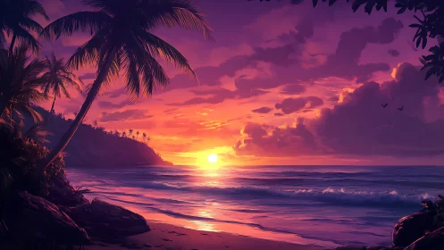 Digital painting of tropical sunset shoreline with palm silhouettes.