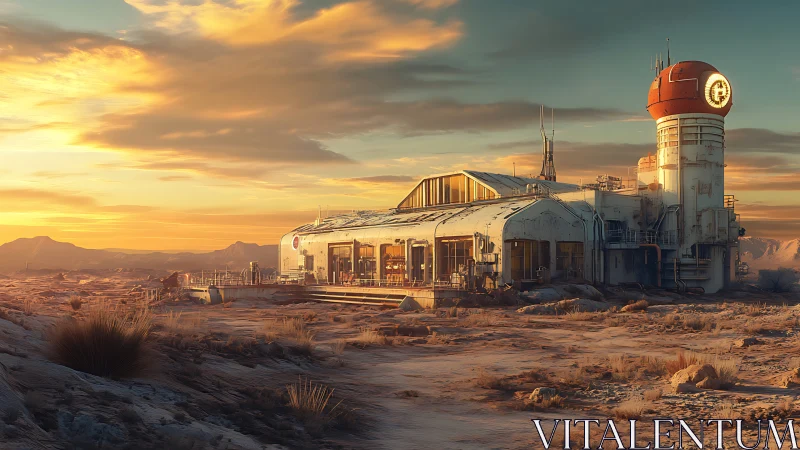 Desert frontier outpost glows under a drifting ember sky.