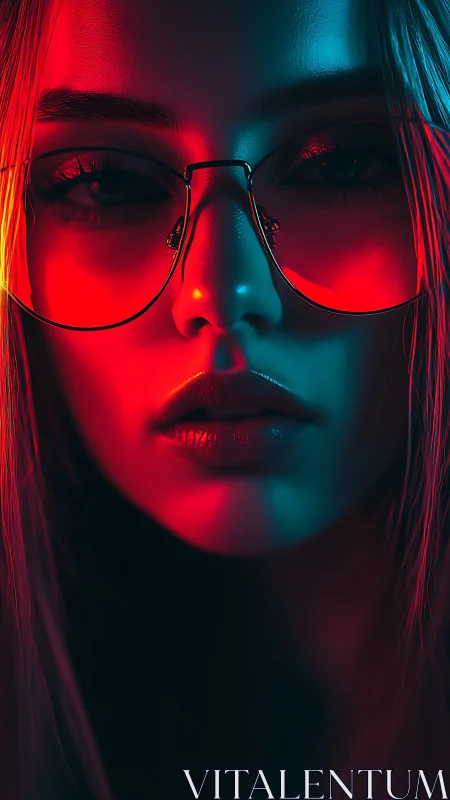 Neon bicolor portrait isolates reflective glasses and lips