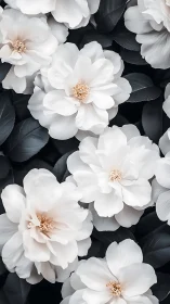 Densely Layered White Camellia Blossoms with Golden Stamen Against Dark Foliage Backdrop