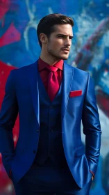 Photorealistic portrait in cobalt suit against graffiti wall.