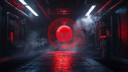 Red sci fi corridor with circular portal and dense steam.