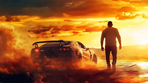 Muscle car and lone driver against blazing sunset horizon.