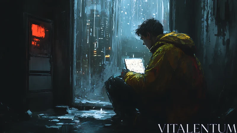 Hacker in rain soaked alley glows beneath laptop light.