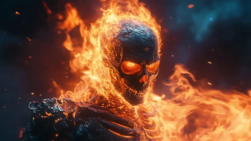 Flaming skeletal figure rendered with detailed fiery effects