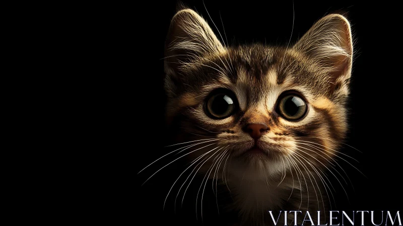 Tabby kitten portrait with dramatic black background.