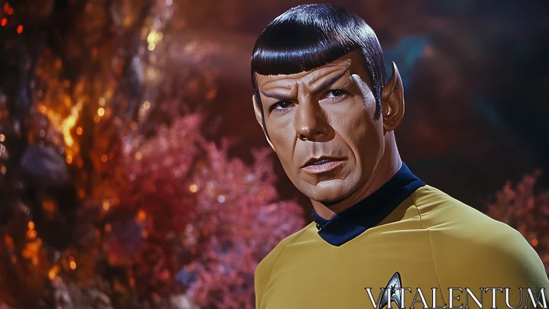 Starship officer poised in vivid alien cavern light.