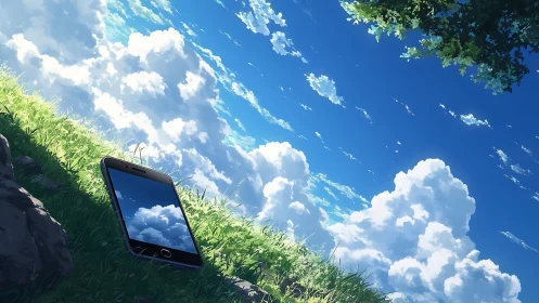 Sunny hillside sky meets a quiet phone in soft blue calm