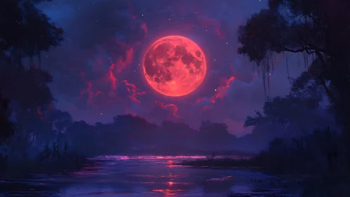 Crimson moonrise drenching a silent river in dreamfire glow.