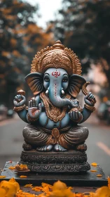 Serene blue Ganesha idol on street altar with marigolds.